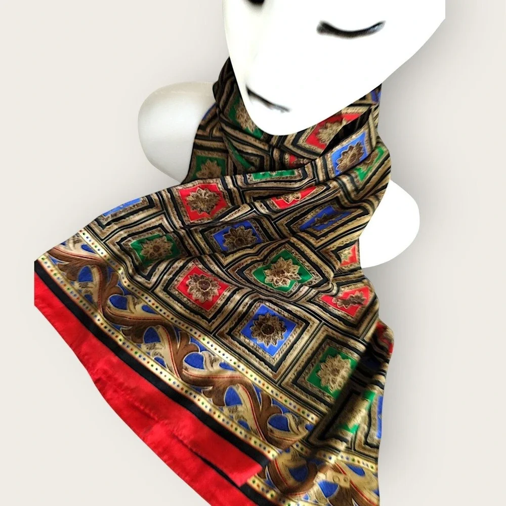 Vintage Echo Silk Scarf Rectangle Floral‎ Tile Print Gold Red